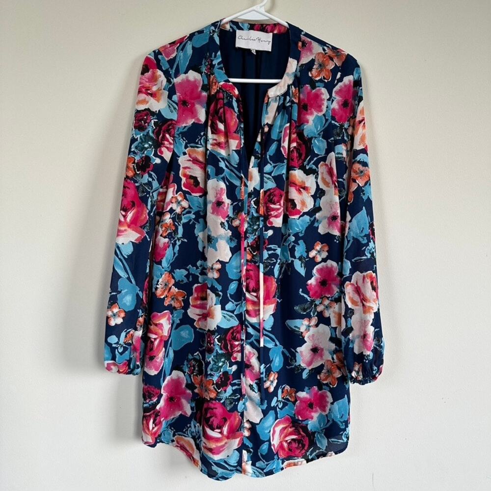 Charles Henry Floral Short Shift Dress Long Sleeve V-Neck Blue Fall Womens XS
